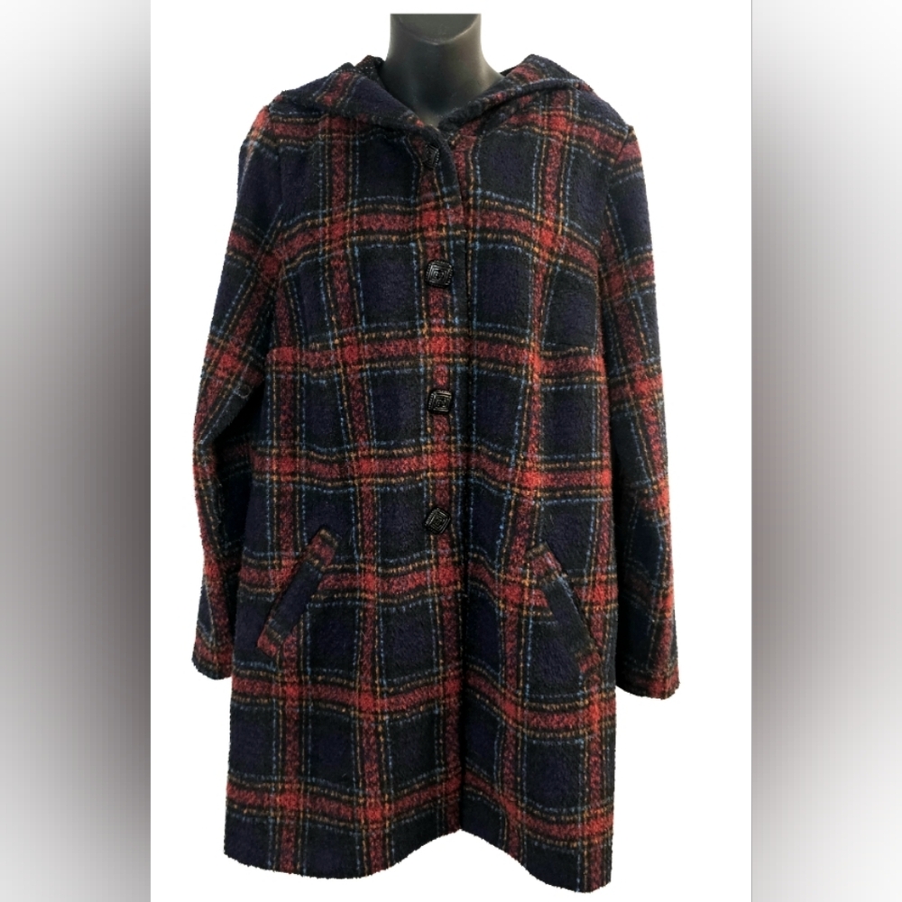 [Michael Taylor] Oversided Navy Plaid Wool Knee Length Button Down Coat Hoodie M